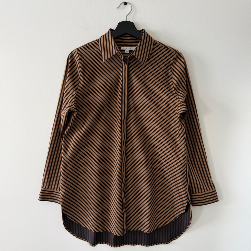 Chicos Brown Black Striped Button Down Shirt Long Sleeve Size 0 US 4